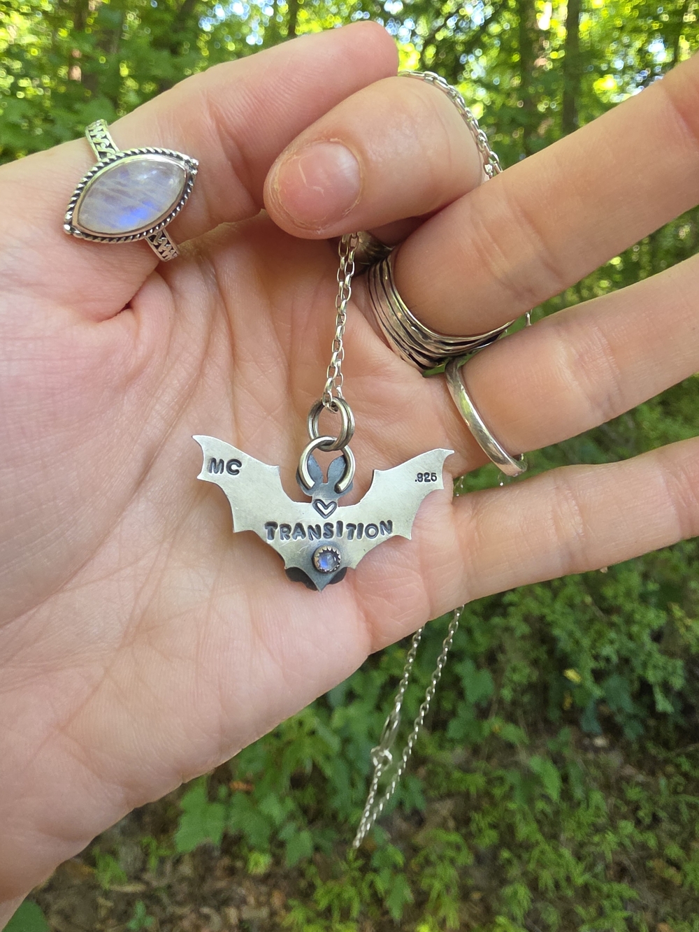 Silver Bat Pendant Necklace with Red Stone - Picture 2 of 2